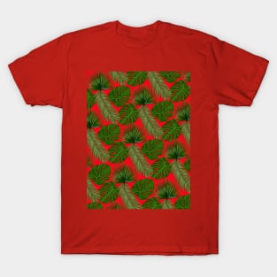 Tropical Leaf Scatter Pattern on Red T-Shirt